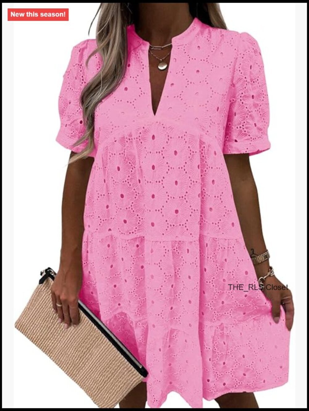 Women's Eyelet Lace Babydoll Swing Dress V-Neck Short Sleeve - Picture 1 of 7